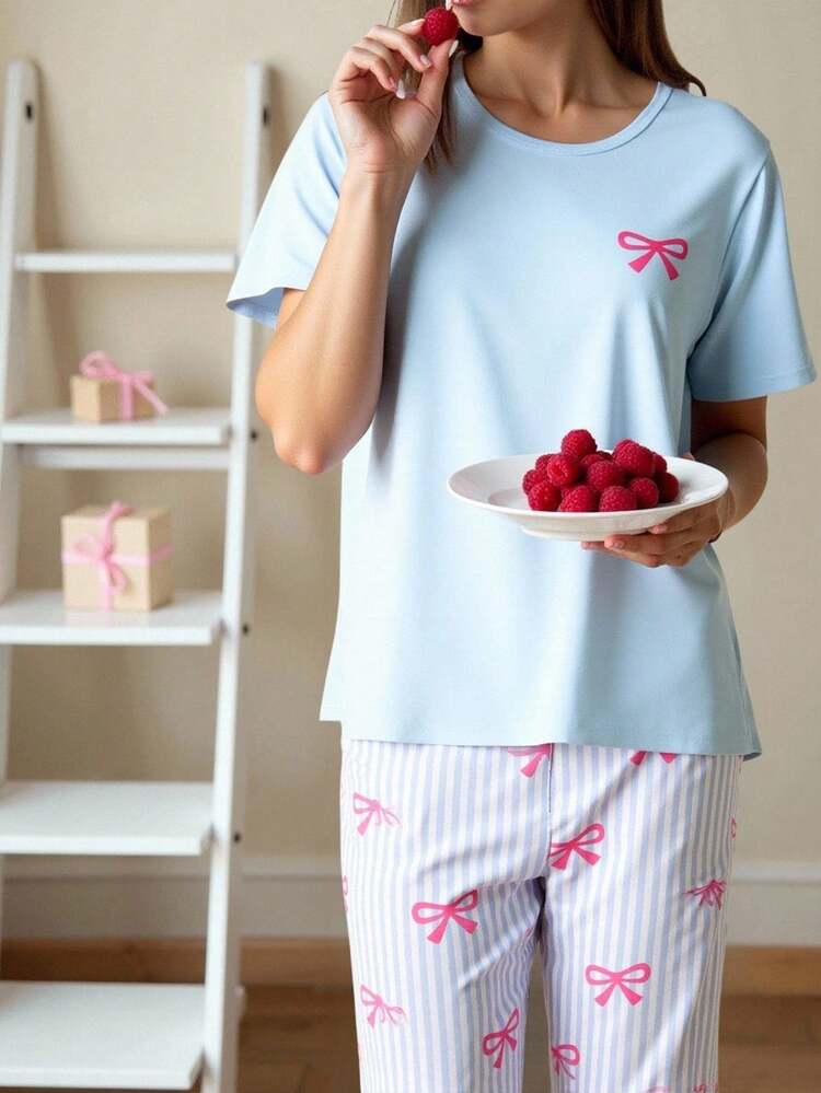 SHEIN 2pcs/Set Teenage Girls Sweet Cute Elegant Minimalist Fashion New Pink Bow Round Neck Short Sleeve Top And Blue Striped Bow Pants Casual Comfortable Pajamas - Blue - View 3