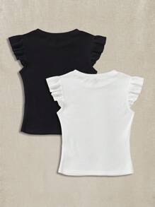 Soleia 2pcs/Set Rib Knit Crew Neck Short Cap Sleeve Form-Fitting T-Shirt Set, Cute Summer Suitable For Going Out - Multicolor - View 2