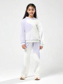 SUMWON 少女宽松撞色连帽套装 冬季时尚两件套 配套阔腿慢跑裤运动服 青少年休闲秋季装 - 彩色 - 查看 1