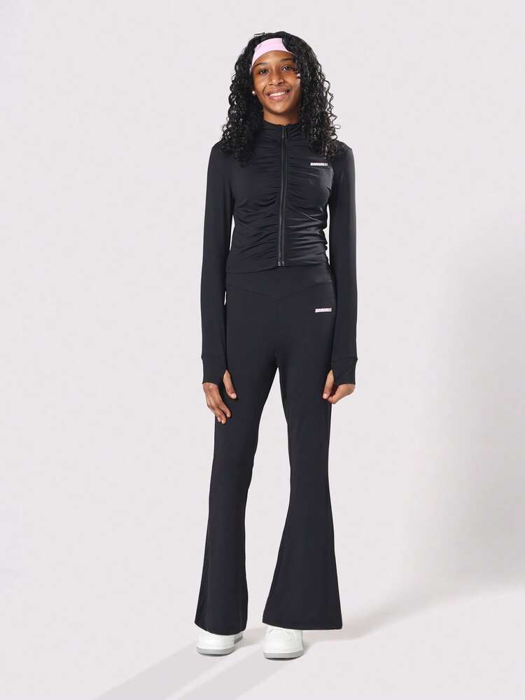 Ruched Front Zip Crop Top With Bell Bottom Pants Co-Ord