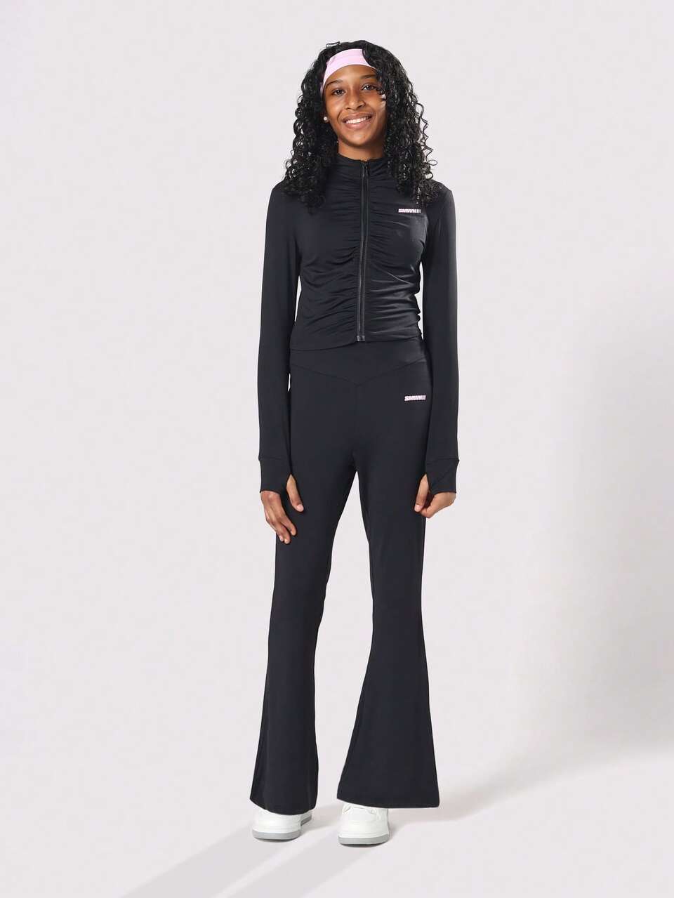 Ruched Front Zip Crop Top With Bell Bottom Pants Co-Ord