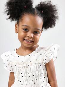 SUMWON 女孩心形印花飘袖上衣和阔腿裤套装夏季假日休闲装蝴蝶结细节弹性褶饰套装 - 杏色 - 查看 5