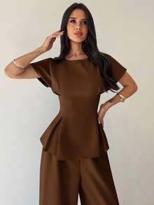 Firerie Conjunto de 2 piezas de verano para mujer: Blusa de manga corta con cuello redondo, plisada en la cintura, textura de bambú en color amarillo albaricoque + Pantalón ancho y suelto. Estilo retro, versátil para uso diario, oficina, aeropuerto, viajes. Elegante y sencillo para maestras, oficina, salidas.