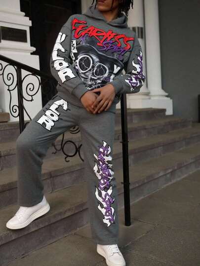 SHEIN 2pcs Set Teen Boy's Casual Sports College Street With Graffiti Pattern Snow-Washed Material Hooded Sweater And Flared Version Trousers Set Suitable For Birthday Parties, Evening Parties, Performances, Weddings, Baptisms, Opening Ceremonies, Daily Suitable For Daily Use Suitable For School Suitable For Travel Suitable For Sports Suitable For Autumn And Winter Seasons Joggers Goth Sweat Pants Rave Vintage Tracksuit Set Y2k Halloween Fall