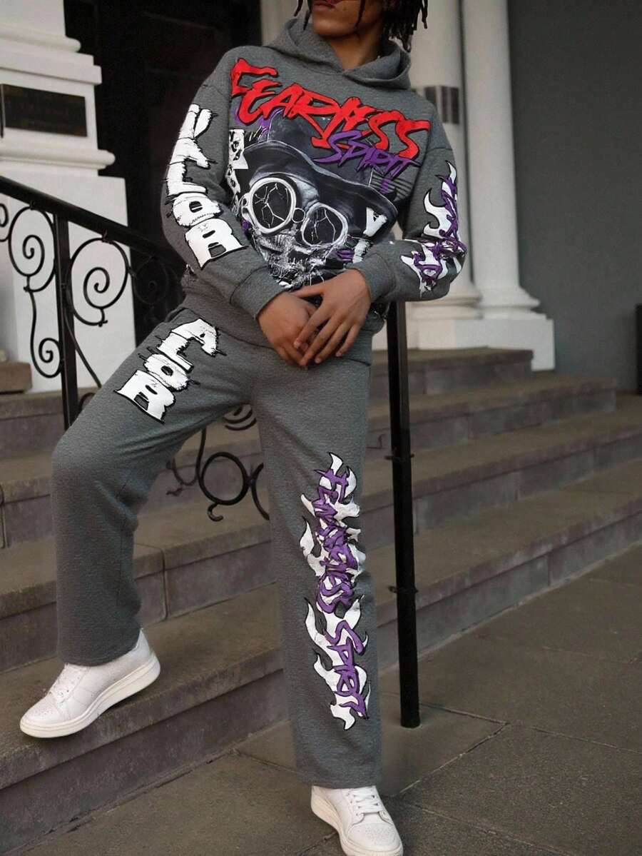 SHEIN 2pcs Set Teen Boy's Graffiti Pattern Hooded Sweater And Flared Trousers,Autumn,Street Life Casual Graphic Street Fashion Tracksuit Set For School - Grey - View 1