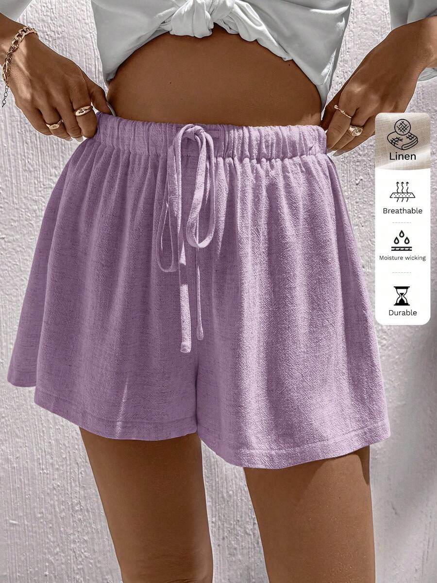 Easowa Quần short vải lanh thường ngày cho nữ, phù hợp cho mùa xuân/hè Quần short vải lanh cho nữ Quần short mùa hè Quần short thoải mái Quần short rộng Quần short mềm mại - Màu tím - Xem 1