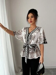 Rafferiza Camisa de manga corta con cintura entallada y estampado floral en forma de A, para primavera/verano y vacaciones - Multicolor - Ver 5