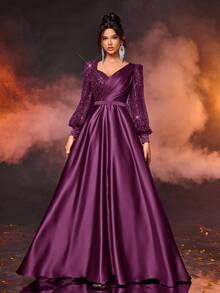 Glamrae Váy maxi satin dài tay đính hạt sequin lấp lánh thanh lịch màu đỏ burgundy sang trọng có thắt lưng có thể tháo rời, thích hợp cho đám cưới, tiệc tùng, kỳ nghỉ, tốt nghiệp, vũ hội, mẹ cô dâu - Màu tím - Xem 6