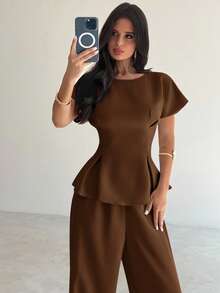 Firerie Conjunto de 2 piezas de verano para mujer: Blusa de manga corta con cuello redondo, plisada en la cintura, textura de bambú en color amarillo albaricoque + Pantalón ancho y suelto. Estilo retro, versátil para uso diario, oficina, aeropuerto, viajes. Elegante y sencillo para maestras, oficina, salidas.