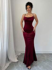 Rafferiza Váy nhung đỏ Burgundy thanh lịch dành cho nữ dự tiệc năm mới - Màu Đỏ Sâu - Xem 5