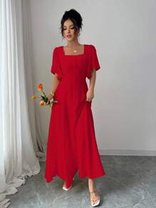 Rafferiza 女式休闲方领荷叶边袖纯色连衣裙 - 紅色 - 查看 4