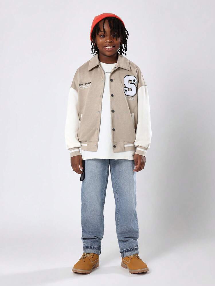 Two Tone Varsity Bomber Jacket With Embroidered Letter Patch