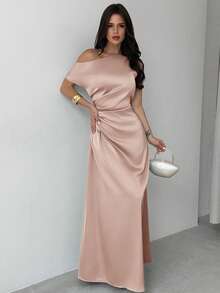 Firerie 女士绿色优雅不对称肩部褶饰美人鱼下摆连衣裙，适合约会、度假、婚礼、活动、返校、毕业典礼、正式伴娘礼服 - 粉色 - 查看 4