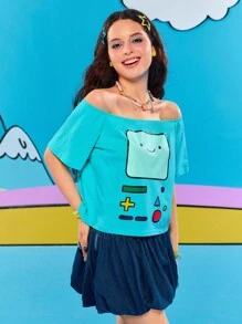 Adventure Time X ROMWE Off-Shoulder Funny Cartoon Print Women Short Sleeve T-Shirt - Green - View 5