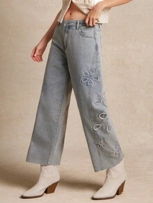 WESTFADE Country Western Floral Embroidered Mid Rise Relaxed Barrel Leg Cotton Blend Denim Jeans - Light Wash - View 1