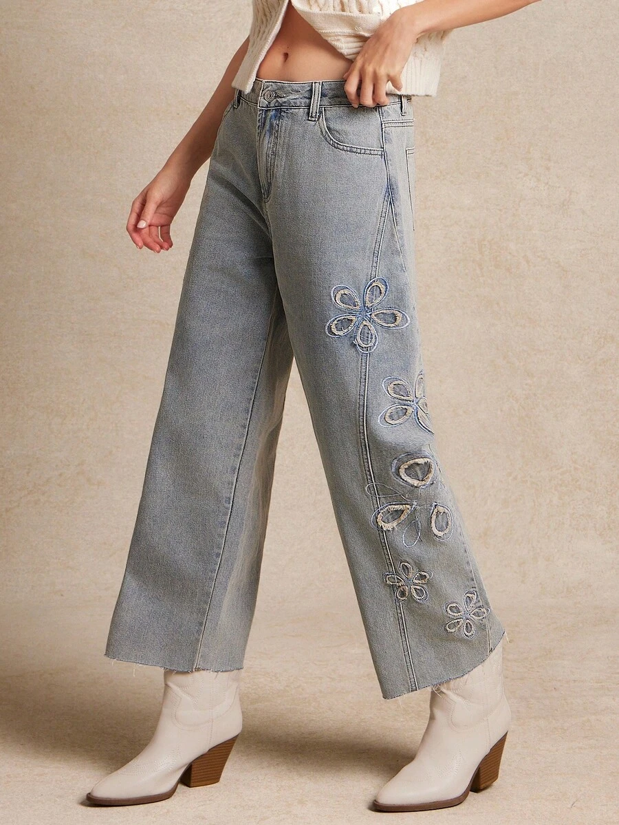 WESTFADE Country Western Floral Embroidered Mid Rise Relaxed Barrel Leg Cotton Blend Denim Jeans - Light Wash - View 1
