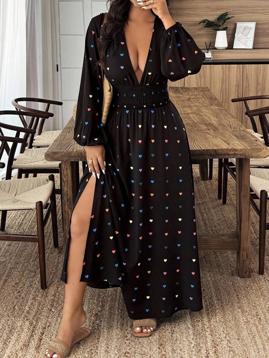 Weeklong Deep V-Neck Casual Sexy Slit Long Sleeve Plus Size Dress Fall Cloth For Women
