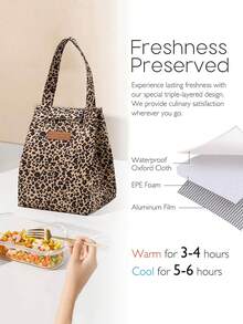 Brown Leopard Print Insulated Lunch Bag - Reusable Waterproof Thermal Tote With Pocket For Work, School, Picnic | Food Temperature Control | Portable Office Essentials - Brown - View 6