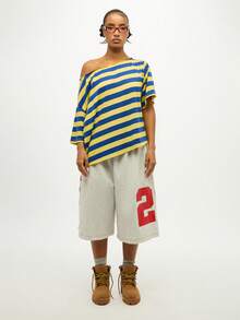 SUMWON WOMEN Off Shoulder Striped Top Casual Summer Fashion Oversized Loose Fit Boxy Short Sleeve Pullover Bold Street Style - Multicolor - View 5