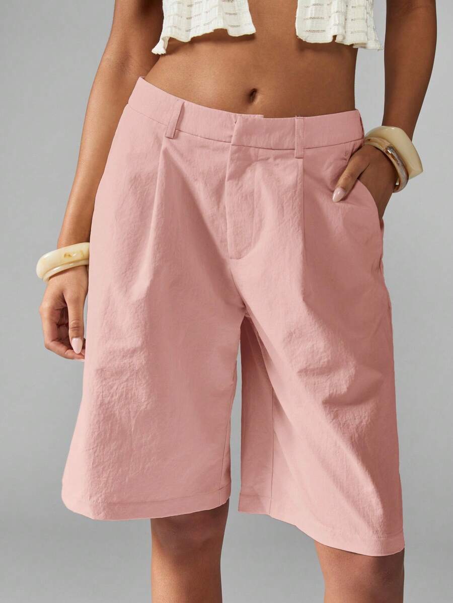 MISSGUIDED 量身定制的亚麻百慕大短裤，高腰阔腿，夏季海滩散步口袋，轻盈及膝，女士休闲度假装 - 藕粉色 - 查看 1