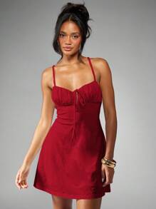 MISSGUIDED Broderie Anglaise Mini Dress Ruched Bust Summer Party Evening Holiday Resort Vacation Sleeveless Sweetheart Neckline Tie Front Adjustable Straps