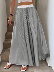 Easowa 撞色腰带斜口袋裙，条纹休闲度假优雅街头服饰女式条纹长裙夏季 - 黑與白 - 查看 6