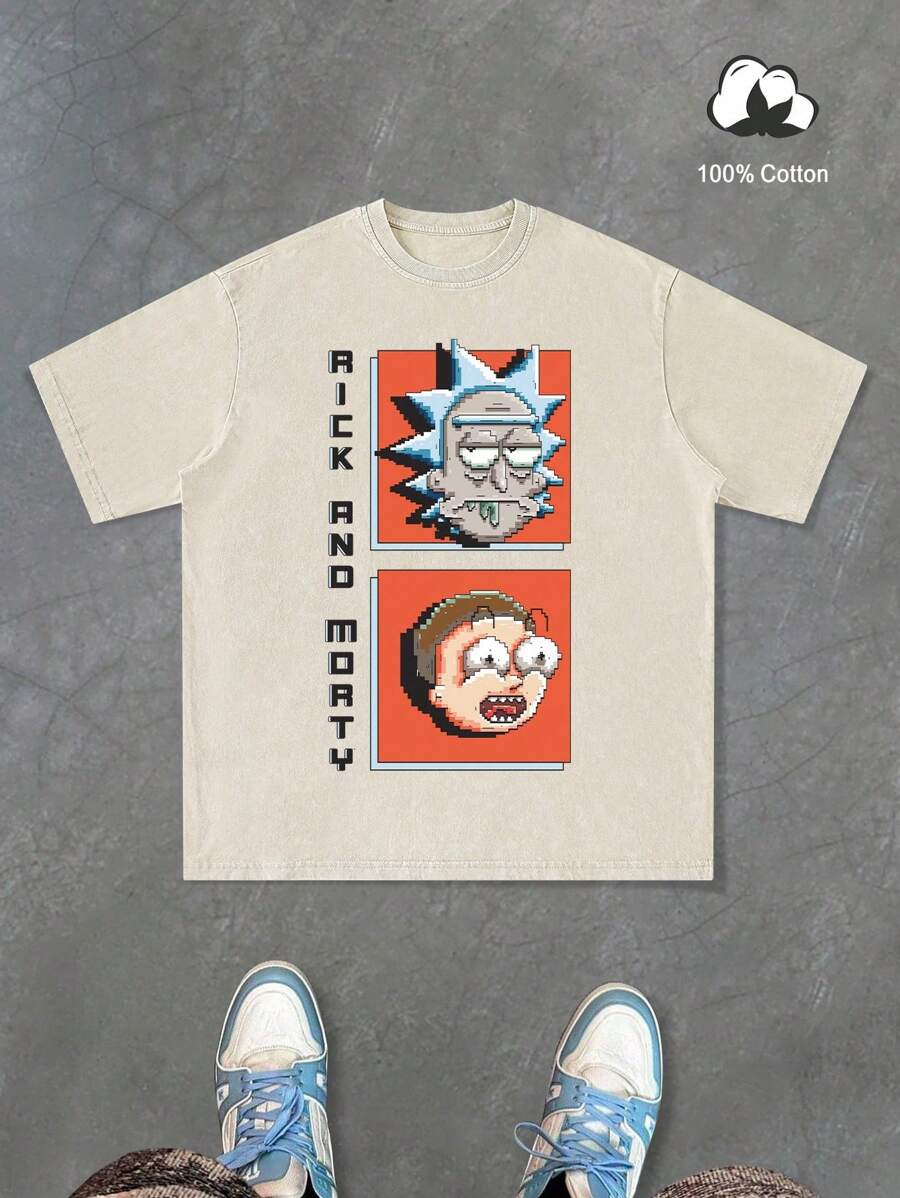 Rick and Morty X Manfinity PAVTROS 男士字母与卡通图案圆领纯棉短袖T恤，夏季街头潮流