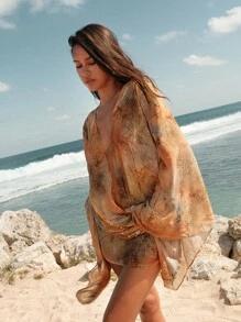 Opulessa Women's Sexy Tie-Dye Draped Neck Flare Sleeve Mini Dress, Vacation Wear Beach Cover Up,Going Out,Wedding Clothes,Business Casual Woman Style,Concert, Party, Club Outfits, Fall Women Clothes , Tan Cover Up, Chic Autumn,Going Out Outfit, National Day Outfit, Elegant Party Dress ,Graduation Dress, Prom Dress ,Luxury Evening Dresses For Women - Rust Brown - View 1