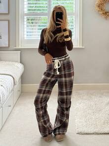 SHEIN EZwear Women's Fall Autumn And Winter Clothing Retro Casual Home Leisure Brown Kaluli Brushed Plaid Retro Lace Stitching Brown Plaid Pleated Pants - Brown - View 6