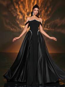 Glamrae 优雅的黑色针织拼布缎面光泽不对称抹胸巴斯克腰部碰撞白色奢华串珠丝带超喇叭 A 字裙，配有可调节系带，适合约会、单身派对、婚礼、活动、度假、返校、正式场合 - 黑色 - 查看 8