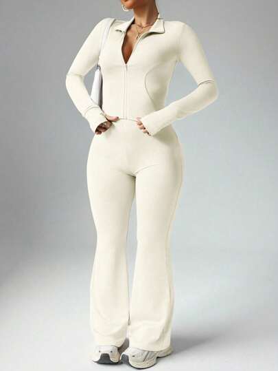 Easithlete Women Plus Size Casual Zip-Up Jacket With Thumb Hole And High Waist Flare Pants 2 Pieces Set, All Season Workout Women Sets Youngboy Never Broke Again Y2k Glowmode