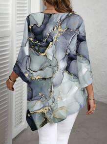 EMERY ROSE Camisa de manga larga con cuello redondo de talla grande con patrón de textura de mármol de tinta, informal, para primavera/otoño - Multicolor - Ver 2