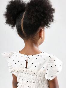 SUMWON 女孩心形印花飘袖上衣和阔腿裤套装夏季假日休闲装蝴蝶结细节弹性褶饰套装 - 杏色 - 查看 6