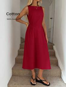 Easowa Đầm suông chữ A cổ tròn, xếp ly eo, đầm midi thanh lịch cho nữ, làm từ vải cotton hữu cơ, thích hợp cho mùa xuân và mùa hè - Đỏ - Xem 7