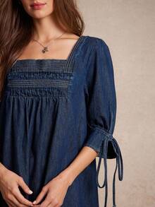 WESTFADE 褶皱方领泡泡袖蝴蝶结纯棉牛仔迷你直筒连衣裙 返校可爱秋装夏季乡村音乐会 - 深色水洗藍 - 查看 5