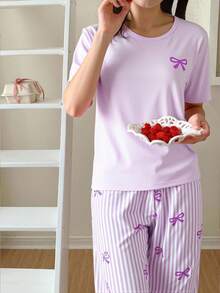 2 件套青少年女孩甜美可爱优雅简约时尚新款紫色蝴蝶结圆领短袖上衣和紫色条纹蝴蝶结裤子休闲舒适睡衣 - 紫色 - 查看 3