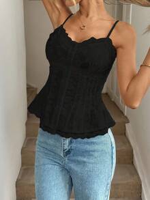 Easowa Áo hai dây vải jacquard thêu ren, nút cài phía trước, eo xếp ly, thường ngày, thanh lịch, dành cho nữ, mùa xuân/hè - màu đen - Xem 9