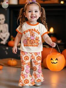 SHEIN Halloween Baby Girl Cute Modest Burnt Orange Summer Birthday Plaid Pumpkin & Capybara Pattern,Mini Star Print Short Sleeve T-Shirt And Pants Set - Multicolor - View 1