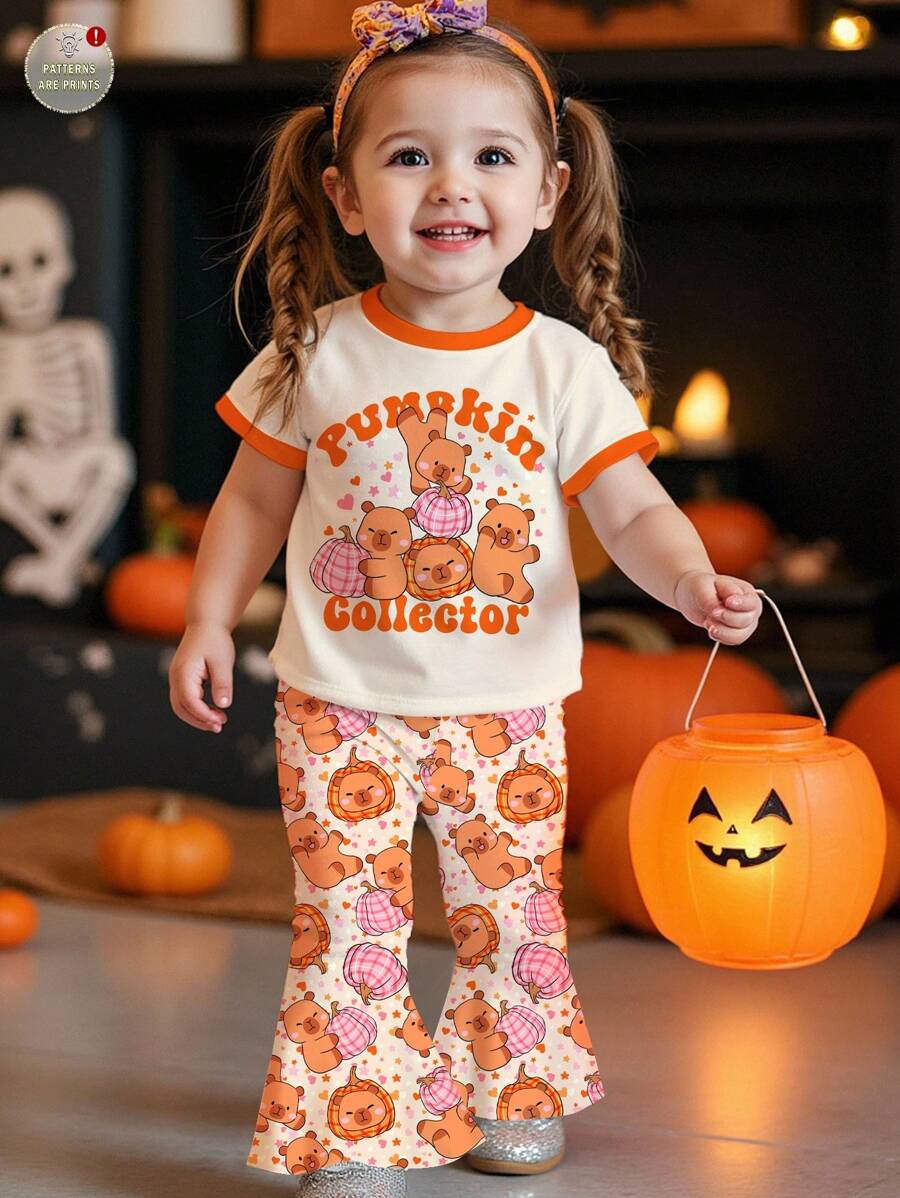 SHEIN Halloween Baby Girl Cute Modest Burnt Orange Summer Birthday Plaid Pumpkin & Capybara Pattern,Mini Star Print Short Sleeve T-Shirt And Pants Set - Multicolor - View 1