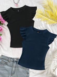 Soleia 两件套黑色和藏蓝色罗纹圆领修身泡泡袖T恤，适合夏季穿着 - 彩色 - 查看 12