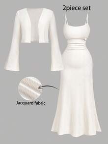 SHEIN MOD Conjunto de 2 piezas para mujer talla grande con vestido de tirantes finos y chaqueta - Albaricoque - Ver 1