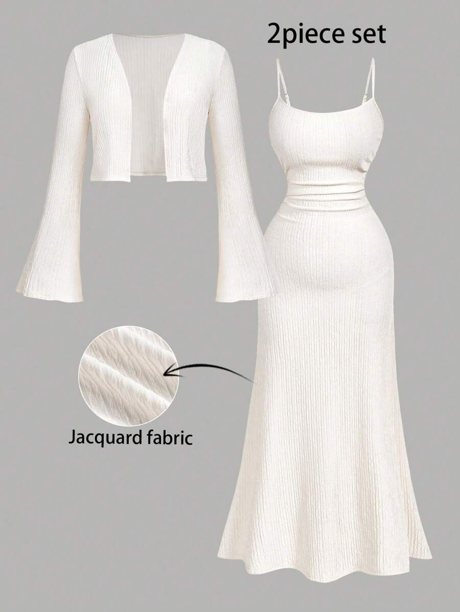 SHEIN MOD Conjunto de 2 piezas para mujer talla grande con vestido de tirantes finos y chaqueta - Albaricoque - Ver 1