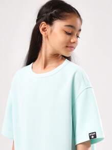 SUMWON Camiseta oversize de color verde menta para adolescentes, de corte relajado, cuello redondo, manga corta, hombros caídos, bajo curvo, básica y esencial para uso diario en verano y primavera - verde menta - Ver 3