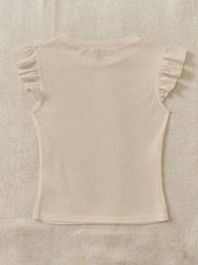 SHEIN EZwear 2pcs Green & Apricot Ribbed Fabric Round Neck Fitted T-Shirt Set With Flutter Sleeves, Suitable For Summer - Multicolor - View 8