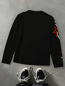 Bolty 一件式青少年男童休闲运动学院风圆领长袖T恤，涂鸦图案，适合儿童返校、生日派对、晚宴、演出、婚礼、洗礼、开幕式等场合，日常穿着也十分合适，适合上学、旅行、运动，也适合秋冬季节。Y2K慢跑裤哥特街头风黑色复古秋季 - 黑色 - 查看 2