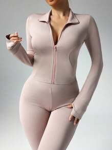 Rhythm Era 2 件套女士加大码休闲前拉链连帽夹克和高腰喇叭裤，拇指孔设计健身女士套装 - 粉色 - 查看 7