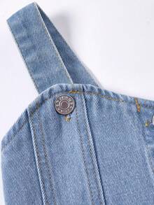 2 件套年轻女孩休闲舒适时尚度假风格牛仔裤和无袖短款上衣，柔软轻便，夏季 - 淺色水洗藍 - 查看 8