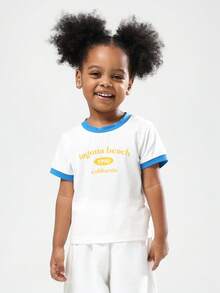 SUMWON Girls Retro California T-Shirt Summer Beach Laguna Graphic Print Cotton Ringer Tee With Blue Trim Youth Fashion Casual Wear Classic Fit - White - View 1