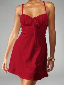 MISSGUIDED Broderie Anglaise Mini Dress Ruched Bust Summer Party Evening Holiday Resort Vacation Sleeveless Sweetheart Neckline Tie Front Adjustable Straps