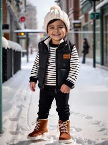 SHEIN 3 件套男婴/女婴秋冬可爱休闲厚垫背心夹克、黑白条纹连帽衫、黑色慢跑裤运动服、男女通用婴儿服装、婴儿冬装